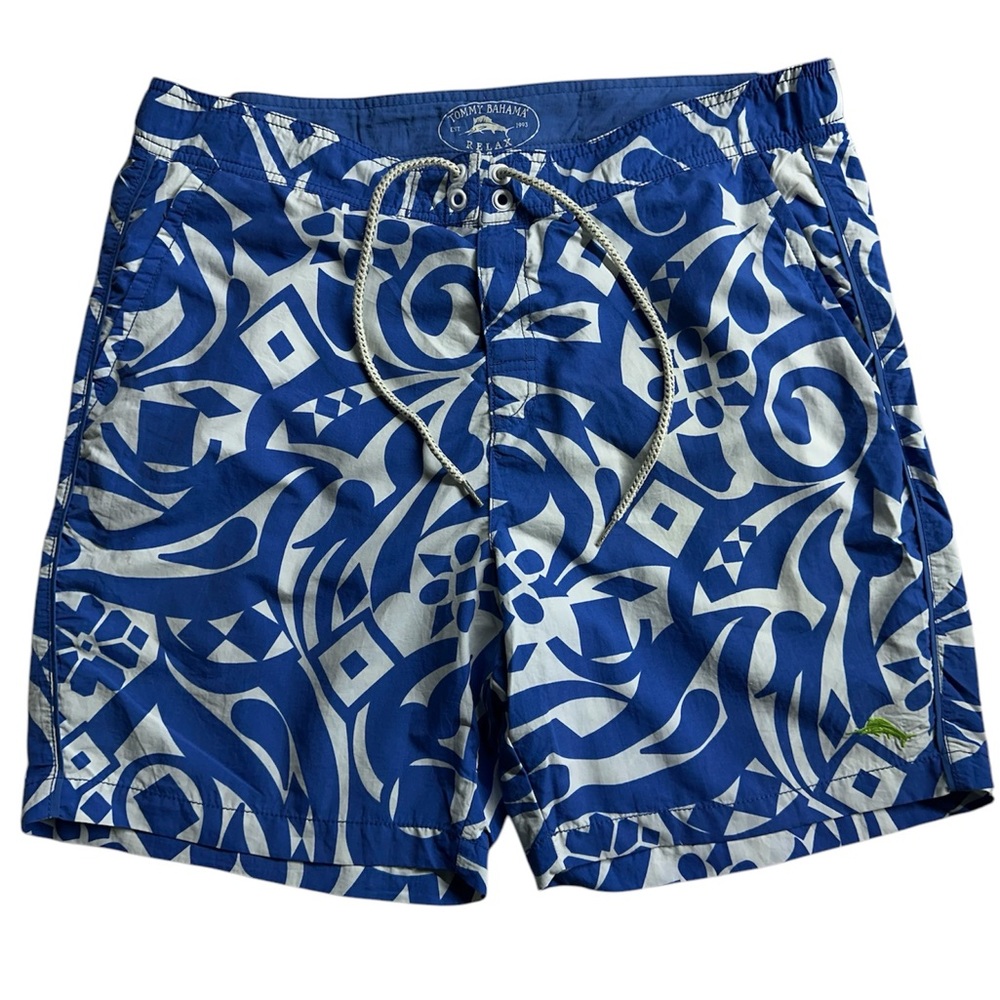Tommy Bahama Blue and White Men's Swim Shorts size L
